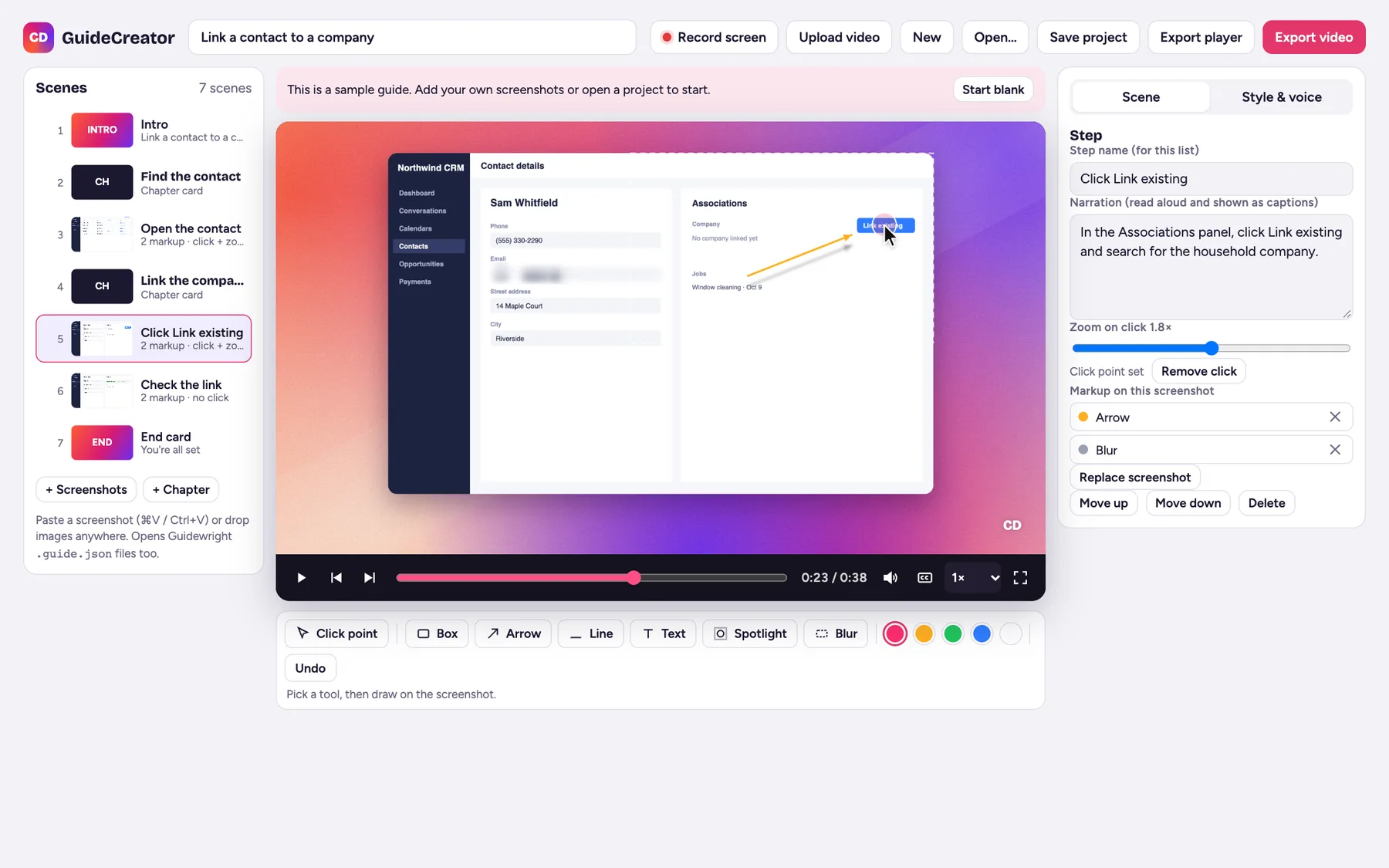 GuideCreator editor with the built-in sample guide open