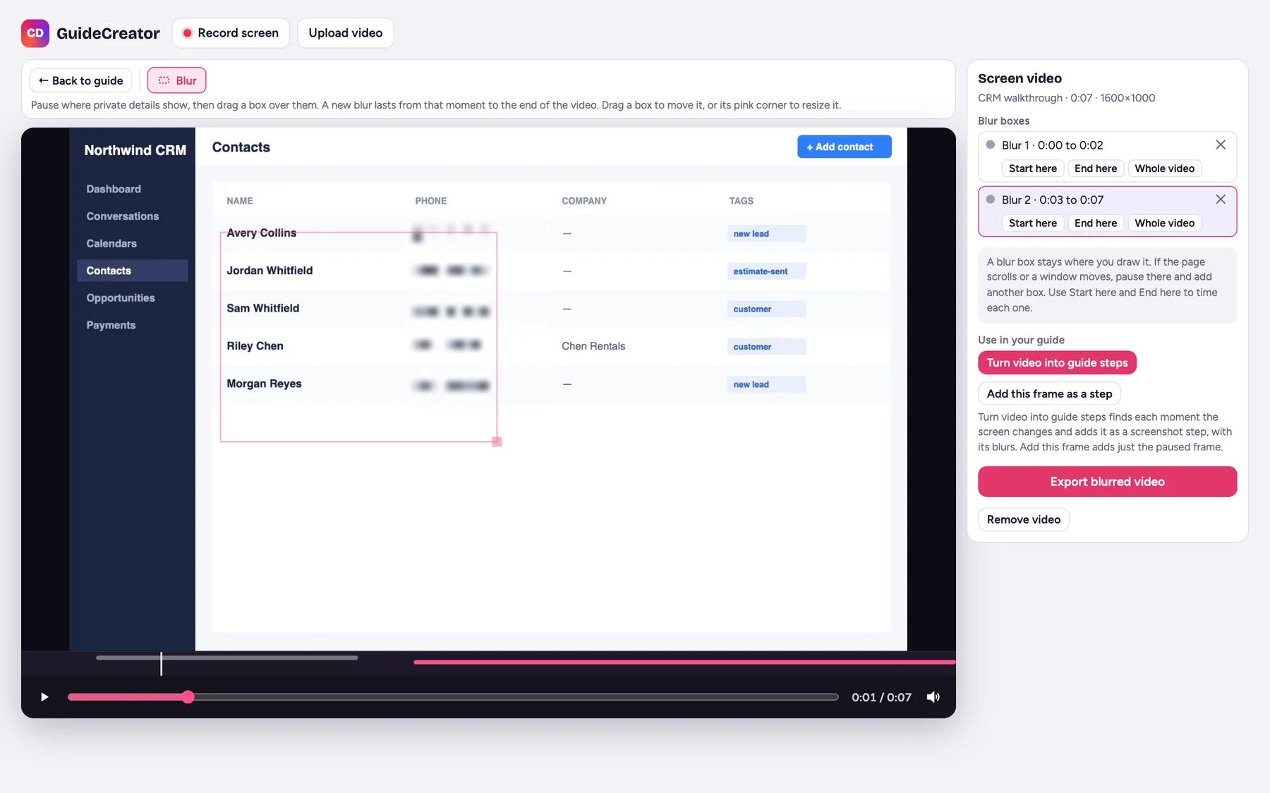 GuideCreator video editor with blur boxes over phone numbers on a sample CRM contact list