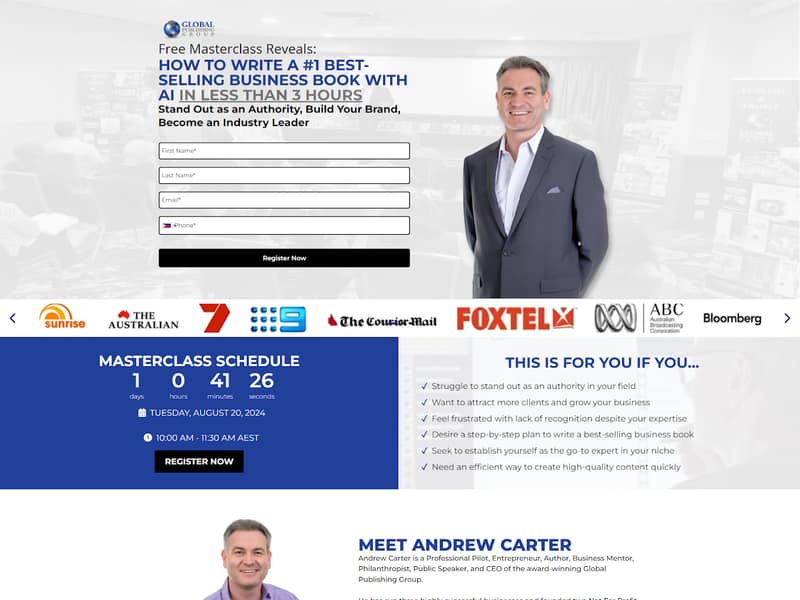 Global Publishing Group — Masterclass funnel landing page built by Lucia Anilao