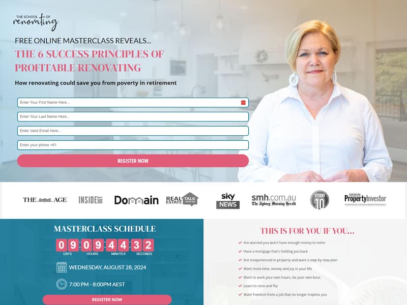 School of Renovating — Free Webinar funnel landing page built by Lucia Anilao